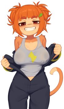 1girl animal_ears bare_shoulders black_overalls bloons_tower_defense blunt_bangs blush body_fur breasts brown_fur cowboy_shot double_bun grin hair_bun highres large_breasts looking_at_viewer messy_hair monkey_ears monkey_girl monkey_tail orange_hair overalls pink_shirt red_eyes rosalia_(bloons) shirt short_hair simple_background sleeveless sleeveless_shirt smile solo tail teeth white_background yoako