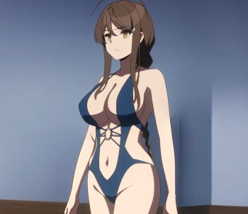 1girl braid braided_ponytail breasts brown_hair cleavage highres large_breasts legs long_hair navel nukigee_mitai_na_shima_ni_sunderu_watashi_wa_dou_surya_ii_desu_ka? one-piece_swimsuit serious stitched swimsuit tadasugawa_rei thighs third-party_edit very_long_hair