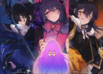 4boys :q adapted_costume alternate_costume alternate_eye_color alternate_weapon androgynous artist_name black_sclera black_tears blue_eyes blue_hairband bow bowtie closed_eyes closed_mouth colored_sclera commentary cosplay e.g.o_(project_moon) facial_mark hair_between_eyes hair_ornament hairband hallucination heart heart_hair_ornament henshin heterochromia highres hong_lu_(project_moon) imagining king_of_greed king_of_greed_(cosplay) knight_of_despair knight_of_despair_(cosplay) limbus_company long_hair looking_at_viewer magical_boy mismatched_sclera multiple_boys multiple_persona oshikyomokawaii own_hands_together pink_bow pink_bowtie pink_eyes pixel_art_inset project_moon purple_hair queen_of_hatred queen_of_hatred_(cosplay) smile soda_(e.g.o) sparkle sparkling_eyes split_screen teardrop_facial_mark tongue tongue_out very_long_hair weapon yellow_eyes