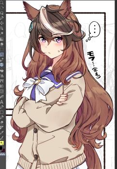 1girl animal_ears art_program_in_frame blush bow bowtie breasts brown_cardigan brown_hair cardigan closed_mouth crossed_arms earrings hair_between_eyes highres horse_ears horse_girl horse_tail ido_(teketeke) jewelry long_hair long_sleeves looking_at_viewer medium_breasts multicolored_hair purple_eyes purple_sailor_collar sailor_collar school_uniform shirt single_earring streaked_hair sweatdrop symboli_rudolf_(umamusume) tail tracen_school_uniform umamusume upper_body white_bow white_bowtie white_hair white_sailor_collar