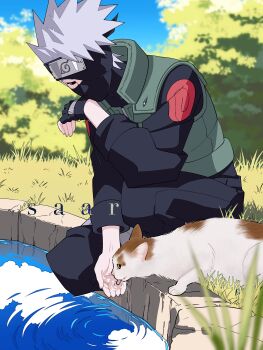 Rule 34 | 1boy, absurdres, artist name, black gloves, black headband, black mask, black pants, black shirt, blue sky, blurry, blurry background, blurry foreground, cat, drinking, fingerless gloves, flak jacket, gloves, grass, green vest, grey hair, half-closed eyes, hatake kakashi, headband, headband over one eye, highres, holding water, jacket, looking at another, male focus, mask, mouth mask, naruto (series), outdoors, pants, revision, ripples, saarcheung, shirt, short hair, sky, sleeves rolled up, spiked hair, tongue, tongue out, vest