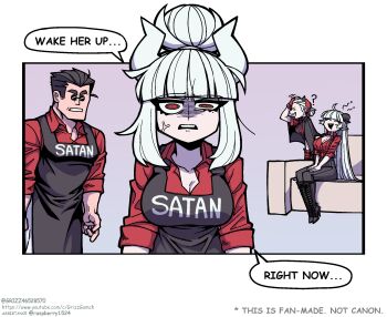 Rule 34 | 1boy, 3girls, :d, ?, ahoge, apron, baphomet (grizz), black apron, black necktie, black pants, blunt bangs, breasts, character name, cleavage, collarbone, collared shirt, comic, couch, demon girl, demon horns, demon tail, english text, fingerless gloves, gloves, grizz, hair bun, helltaker, helltaker (character), highres, horns, jacket, jacket on shoulders, justice (helltaker), korean commentary, large breasts, long hair, lucifer (helltaker), multiple girls, necktie, open mouth, pants, parody, red gloves, red shirt, red skirt, segmented comic, sharp teeth, shirt, short hair, single hair bun, sitting, skirt, sleeping, smile, striped clothes, striped pants, style parody, tail, teeth, upper teeth only, vanripper (style), white background, white hair