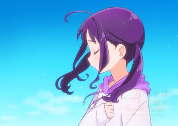 Rule 34 | 1girl, ahoge, blue sky, closed eyes, closed mouth, day, from side, hand on own chest, hood, hood down, hoodie, kimi to idol precure, kyanos (b 0000ff), light smile, low twintails, medium hair, precure, purple hair, purple hoodie, shigure kokoro, sky, sleeves past wrists, solo, twintails, upper body, watermark, wind