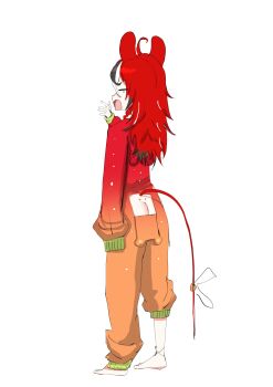 1girl angelchama animal_ears ass barefoot black_streaks butt_flap closed_eyes dimples_of_venus feet hakos_baelz hakos_baelz_(strawberry_onesie) hashtag-only_commentary highres hololive hololive_english long_hair mouse_ears mouse_girl mouse_tail multicolored_hair multicolored_pajamas official_alternate_costume onesie open_pajamas orange_pajamas pajamas red_hair red_pajamas simple_background solo standing tail tearing_up virtual_youtuber white_background white_hair y_shaped_butt_crack