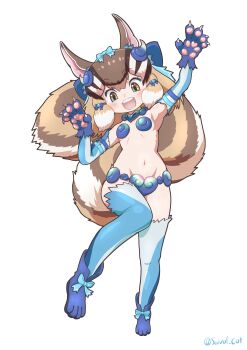 Rule 34 | 1girl, absurdres, alternate costume, animal ears, arm up, armpits, bikini, blue bikini, blue ribbon, boots, brown eyes, brown hair, chipmunk ears, chipmunk girl, chipmunk tail, choker, elbow gloves, extra ears, gloves, highres, kemono friends, kemono friends v project, looking at viewer, navel, ribbon, saival cat, shiisaa right, short hair, siberian chipmunk (kemono friends), simple background, solo, swimsuit, tail, thighhighs, virtual youtuber