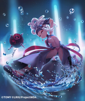 1girl arm_up armpits bikini black_chaps black_gloves black_shoes breasts closed_mouth copyright_notice dark-skinned_female dark_skin dqn_(dqnww) dreadlocks gloves looking_at_viewer mujika_yotogi official_art red_bikini red_eyes shoes small_breasts smile solo swimsuit water white_hair wixoss