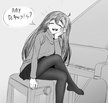 1girl :d ^_^ absurdres ahoge alternate_costume arm_support breasts cabronpr closed_eyes commentary crossed_legs double-parted_bangs english_commentary english_text facing_viewer feet fingernails foot_out_of_frame grand_piano grey_background greyscale hair_behind_ear hair_between_eyes hand_on_own_cheek hand_on_own_face hand_up hatching_(texture) highres instrument leaning_forward legs long_hair long_sleeves mari_(faraway)_(omori) mari_(omori) miniskirt monochrome notice_lines omori on_bench open_mouth pantyhose piano piano_bench pleated_skirt ribbed_sweater simple_background sitting skirt small_breasts smile solo speech_bubble straight_hair sweater teeth toes tongue turtleneck turtleneck_sweater upper_teeth_only very_long_hair