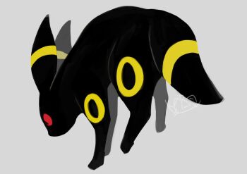 animal_focus colored_sclera commentary_request full_body gen_2_pokemon grey_background highres karaneko nintendo no_humans pokemon pokemon_(creature) red_eyes red_sclera signature simple_background solo umbreon