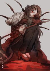 Rule 34 | 1girl, axe, black sclera, blood, bloody tears, bone, brown hair, coat, colored sclera, e.g.o (project moon), high heels, highres, holding, limbus company, long hair, long sleeves, looking at viewer, open mouth, pants, project moon, red eyes, rodion (project moon), simple background, smile, solo, very long hair