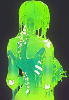 1girl black_background bone breasts commentary elliemaplefox english_commentary from_behind hands_up highres large_breasts monster_girl original ribs shoulder_blades simple_background skeleton slime_girl solo upper_body