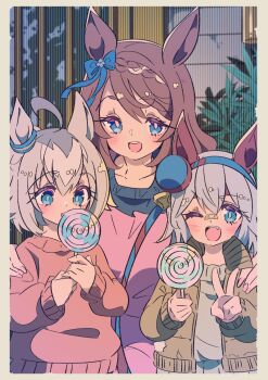 3girls :d ;d aged_down animal_ears blue_bow blue_eyes blush bow brown_coat brown_hair candy child coat collarbone commentary_request ear_bow ear_covers food grey_hair holding holding_candy holding_food honkawa_works horse_ears horse_girl long_hair looking_at_viewer multiple_girls oguri_cap_(umamusume) one_eye_closed open_mouth red_sweater short_hair smile super_creek_(umamusume) sweater tamamo_cross_(umamusume) teeth umamusume upper_teeth_only v