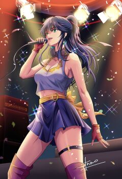 1girl ayukawa_madoka bare_shoulders belt black_hair blue_skirt boots brown_gloves cleavage_cutout clothing_cutout crop_top earrings fingerless_gloves garter_belt gloves green_eyes high_ponytail highres holding holding_microphone hoop_earrings jewelry kimagure_orange_road knee_boots long_hair microphone midriff miniskirt music navel open_mouth ponytail red_boots sidelocks signature singing skirt solo sparkle stage stage_lights standing t_nao1576 tank_top teeth upper_teeth_only white_tank_top yellow_belt