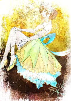 1girl bare_shoulders bridal_gauntlets brown_hair collarbone commentary copyright_name dress final_fantasy final_fantasy_xiv green_eyes green_hair hair_rings hand_on_own_knee hyur multicolored_hair ruka_(blueplus84) shoes short_hair solo sphene_(ff14) tiara two-tone_hair white_bridal_gauntlets yellow_shoes