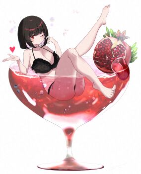 1girl absurdres bare_legs barefoot bikini black_bikini blunt_bangs bob_cut breasts bubble cleavage cocktail_glass commentary_request cup drinking_glass food fruit full_body heart highres in_container in_cup large_breasts looking_at_viewer namo_pic one_eye_closed original oversized_object partially_submerged pomegranate red_eyes short_hair simple_background sitting solo swimsuit white_background