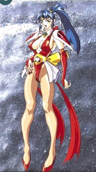 1990s_(style) 1996 blue_eyes blue_hair choujin_gakuen_gowcaizer hishizaki_shaia_(gowcaizer) leotard lowres oobari_masami ponytail retro_artstyle