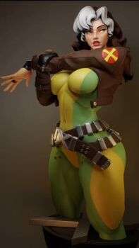 Rule 34 | 1girl, 2026, 3d, absurdres, animated, arm up, artist name, ass, belt, bodysuit, breasts, brown hair, brown jacket, colored bangs, commentary, cowboy shot, cropped jacket, drsleepy3d, english commentary, eyelashes, from behind, green bodysuit, green eyes, hair intakes, highres, huge ass, jacket, leather, leather jacket, long hair, looking at viewer, looking back, marvel, marvel rivals, multicolored bodysuit, multicolored hair, multiple views, muscular legs, music, parted bangs, red lips, rogue (x-men), sideways glance, simple background, sound, stretching, superhero costume, tagme, teeth, thick lips, thick thighs, thighs, turnaround, two-tone bodysuit, two-tone hair, video, wavy hair, white hair, x-men, x (symbol), yellow bodysuit