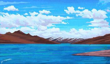 blue_sky chinese_commentary cloud colorful commentary_request day fangpeii highres hill lake landscape mountainous_horizon no_humans original outdoors scenery signature sky water