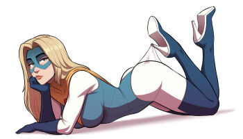 blonde_blazer blonde_hair blue_eyes blue_mask blue_suit dispatch eye_mask formal_clothes hashtag-only_commentary high_heels highres lace_pantyhose_hooked_on_heel_(meme) mask meme suit superhero_costume