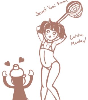 1girl armpits arms_behind_head bikini breasts drawfag english_text heart highres legs looking_at_viewer monkey monochrome navel net saru_getchu sayaka_(saru_getchu) small_breasts smile swimsuit thighs twintails