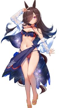 Rule 34 | 1girl, animal ears, arm at side, arm up, bare legs, bare shoulders, bikini, bikini skirt, breasts, brown hair, dot nose, flip-flops, full body, hair over one eye, highres, horse ears, horse girl, horse tail, jacket, long hair, looking at viewer, medium breasts, navel, open clothes, open jacket, purple eyes, red bikini, rice shower (umamusume), sandals, see-through clothes, see-through jacket, side-tie bikini bottom, simple background, solo, spread fingers, starry sky print, straight hair, swimsuit, tail, umamusume, v, white background, white jacket, yellow sandals, yomean!