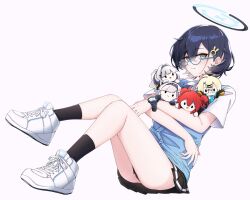 Rule 34 | 1girl, black hair, black skirt, black socks, blue-framed eyewear, blue archive, blue sweater vest, character name, chihiro (blue archive), closed mouth, collared shirt, full body, glasses, green eyes, hair ornament, halo, hare (blue archive), highres, himari (blue archive), holding, kotama (blue archive), looking at viewer, maki (blue archive), miniskirt, pleated skirt, ryusei (ster0629), shirt, shoes, short hair, short sleeves, simple background, sitting, skirt, sneakers, socks, solo, sweater vest, watch, white footwear, white shirt, wristwatch