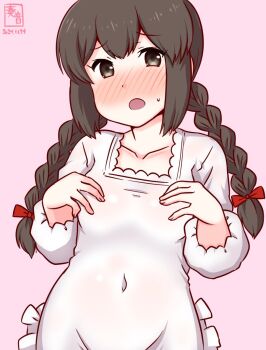 1girl apron black_hair blush braid brown_eyes collarbone covered_navel dated groin isonami_(kancolle) kanon_(kurogane_knights) kantai_collection kappougi looking_at_viewer low_twintails nose_blush one-hour_drawing_challenge pink_background single_braid solo standing twin_braids twintails twitter_username