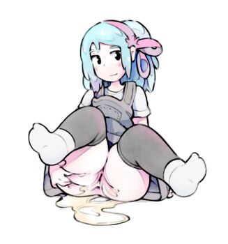 1girl ass ass_grab bent_over blue_hair bow cleft_of_venus colored_skin dress female_focus from_behind full_body huge_ass loli looking_back nude open_mouth original peeing puddle pussy school_uniform shiny_skin simx skirt socks solo sweat teasing thick_thighs thighs uncensored white_background white_skin wide_hips zoey