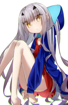 1girl blue_jacket breasts commentary_request dress fate/grand_order fate_(series) forked_eyebrows highres hood hooded_jacket jacket knees_up long_hair long_sleeves looking_at_viewer melusine_(fate) red_dress sidelocks small_breasts solo thighs white_hair yellow_eyes yubeshi_(zecxl)