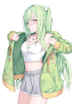 1girl :t absurdres armpit_peek breasts butterfly_necklace camisole character_name cleavage closed_mouth commentary cowboy_shot crop_top drawstring green_hair green_jacket grey_shorts hair_ornament hair_over_shoulder hands_up highres jacket jewelry long_hair long_sleeves looking_at_viewer midriff modon_(abwqe12132) navel necklace one_side_up open_clothes open_jacket pom_pom_(clothes) pom_pom_hair_ornament pout print_camisole purple_eyes short_shorts shorts solo standing stellive symbol-only_commentary unzipped virtual_youtuber white_camisole yuzuha_riko