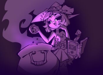 1girl absurdres alternate_costume arthropod_girl bare_shoulders book bow bug cauldron colored_skin english_text extra_arms extra_eyes fangs hat hat_bow highres holding holding_book insect_girl jek_korpen monster_girl muffet open_mouth purple_skin purple_theme short_hair simple_background skirt spider spider_girl undertale utdr_(toby_fox) witch_hat