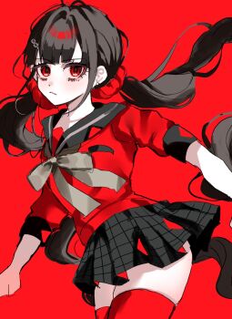 1girl black_hair black_sailor_collar black_skirt closed_mouth commentary_request danganronpa_(series) danganronpa_v3:_killing_harmony floating_hair hair_ornament hair_scrunchie harukawa_maki highres long_hair looking_at_viewer pleated_skirt red_eyes red_scrunchie red_shirt red_thighhighs sailor_collar scrunchie shirt skirt sobacha solo thighhighs twintails very_long_hair