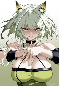 1girl absurdres animal_ear_fluff animal_ears arknights bare_shoulders breasts cat_ears commentary_request detached_collar detached_sleeves dress floating_hair gradient_background green_background green_eyes grin halter_dress halterneck hands_up highres kal'tsit_(arknights) large_breasts looking_at_viewer see-through_clothes see-through_sleeves short_hair skindentation sleeveless sleeveless_dress smile solo upper_body white_background white_hair yinggulite