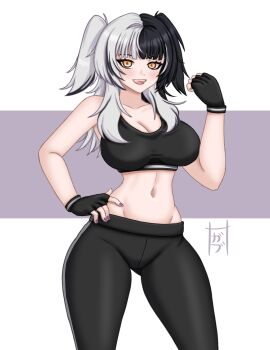 1girl absurdres black_gloves black_hair black_pants black_sports_bra breasts cleavage fingerless_gloves gloves grey_hair hand_on_own_hip highres hololive hololive_english large_breasts long_hair looking_at_viewer majin_gabuu multicolored_hair open_mouth pants shiori_novella solo split-color_hair sports_bra twintails two-tone_hair virtual_youtuber yellow_eyes