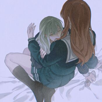 2girls 7nite absurdres bang_dream! bang_dream!_it&#039;s_mygo!!!!! black_socks blue_dress blue_shirt blue_skirt brown_hair commentary dress english_commentary green_hair highres kneehighs long_hair mortis_(bang_dream!) mortis_(persona)_(bang_dream!) multiple_girls nagasaki_soyo no_shoes shirt sitting skirt socks wakaba_mutsumi yellow_eyes yuri