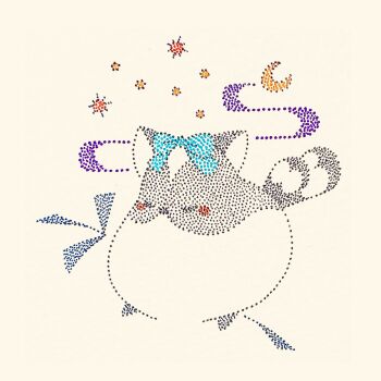 animal_ears animal_focus bird blue_bow bow cat_ears closed_eyes crescent_moon egasumi full_body hair_bow highres long-tailed_tit moon no_humans original solo star_(sky) tit_(bird) traditional_media usagi_shigeko