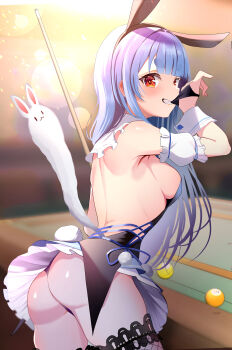 1girl absurdres animal_ear_hairband animal_ears ass backless_dress backless_outfit black_dress black_panties blue_hair blue_skirt blunt_bangs blurry blurry_background breasts detached_sleeves don-chan_(usada_pekora) dress fake_animal_ears fishnet_thighhighs fishnets frilled_dress frills from_behind grin hair_over_shoulder hairband highres hinoki_kahun0 hololive indoors long_hair looking_at_viewer looking_back median_furrow medium_breasts miniskirt official_alternate_costume official_alternate_hairstyle orange_eyes panties pantyshot pleated_skirt pom_pom_(clothes) pool_table puffy_detached_sleeves puffy_short_sleeves puffy_sleeves rabbit-shaped_pupils rabbit_ear_hairband rabbit_ears rabbit_girl rabbit_tail short_dress short_eyebrows short_sleeves sideboob skirt skirt_under_dress sleeveless sleeveless_dress smile solo symbol-shaped_pupils table tail thick_eyebrows thighhighs underwear usada_pekora usada_pekora_(furi_furi_bunny_dress) virtual_youtuber white_skirt white_sleeves wrist_cuffs