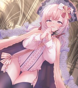 1girl arbiter1 azur_lane black_garter_straps black_hat black_thighhighs blush breasts cross_fitchy flandre_(azur_lane) garter_straps hat highres leotard long_hair long_sleeves looking_at_viewer low_twintails open_mouth own_hands_together purple_eyes small_breasts smile solo thighhighs twintails two-tone_cape white_hair white_leotard