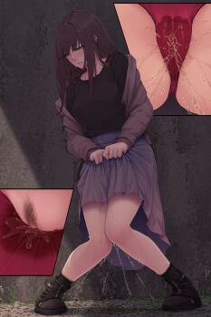 1girl bar_censor black_footwear black_legwear black_shirt blunt_bangs blush boots breasts brown_hair brown_jacket cameltoe censored clenched_teeth clitoral_hood close-up clothes_lift collarbone day female_focus female_pubic_hair full_body grass green_eyes half-closed_eyes highres jacket knees_together_feet_apart kokomachi lifting_own_clothes long_hair medium_breasts multiple_views off_shoulder open_clothes open_jacket original outdoors own_hands_together panties pee peeing peeing_self pigeon-toed pubic_hair puddle purple_skirt pussy red_panties shirt sidelocks skirt skirt_lift socks standing sweat teeth textless_version underwear wet wet_clothes wet_panties