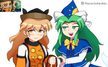 2girls artist_name black_hat blonde_hair blue_capelet blush bow bowtie breasts capelet closed_mouth commentary constellation_print detached_sleeves dress english_commentary fumo_(doll) ghost_tail green_eyes green_hair hair_between_eyes hat long_hair long_sleeves looking_at_viewer matara_okina mima_(touhou) mucaoseadav multiple_girls open_mouth reference_inset shirt simple_background skirt smile sun_symbol tabard thumbs_down touhou touhou_(pc-98) white_background white_bow wide_sleeves witch_hat wizard_hat yellow_bow yellow_bowtie yellow_eyes