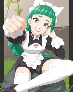1girl amagamip apron artist_name black_romper blunt_bangs bow bowtie braid braided_ponytail breasts clenched_hands commentary_request figure_four_sitting fist_bump green_hair head_rest highres juliet_sleeves lebanne_(pokemon) long_braid long_hair long_sleeves maid maid_apron maid_headdress mega_stone nintendo on_rock pink_lips pokemon pokemon_legends:_z-a puffy_sleeves romper sitting smile solo tsurime white_bow white_bowtie