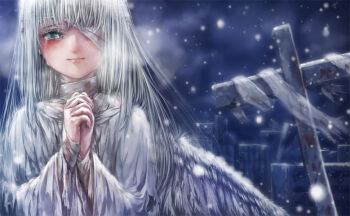 1girl angel bandaged_neck bandages blood bloody_bandages breath closed_mouth commentary_request cross crying crying_with_eyes_open eyepatch feathered_wings green_eyes long_hair long_sleeves looking_at_viewer medical_eyepatch misaki_(kyal_001) original outdoors own_hands_together robe smile snow snowing solo tears tombstone upper_body white_hair white_robe white_wings wings