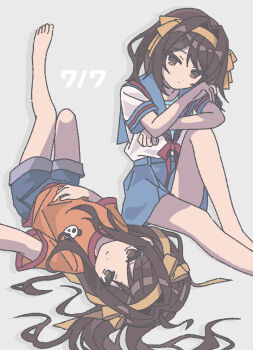 2girls aged_down barefoot blue_sailor_collar blue_shorts brown_eyes brown_hair closed_mouth commentary_request denim denim_shorts dual_persona grey_background hair_ribbon hairband highres kita_high_school_uniform knee_up long_hair lying medium_hair multiple_girls nanonome on_back orange_hairband orange_shirt red_ribbon ribbon sailor_collar school_uniform serafuku shirt short_sleeves shorts simple_background sitting suzumiya_haruhi suzumiya_haruhi_(young) suzumiya_haruhi_no_yuuutsu toes