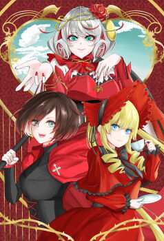 3girls absurdres black_dress blonde_hair blue_eyes bonnet breasts brooch brown_hair cape capelet closed_mouth colored_inner_hair commentary_request cowboy_shot crossover crown_of_thorns cup curly_hair destiny_(takt_op.) detached_sleeves dress drill_hair drill_sidelocks eyeshadow flat_chest flower flower_brooch frilled_capelet frilled_sleeves frills gradient_hair grey_eyes hair_flower hair_ornament highres holding holding_cup holding_plate large_breasts lolita_fashion long_hair long_sleeves looking_at_viewer makeup medium_breasts multicolored_hair multiple_crossover multiple_girls open_mouth plate raki_garden red_cape red_capelet red_dress red_eyeshadow red_flower red_hair red_headwear red_rose red_sleeves rose rozen_maiden ruby_rose rwby shinku short_hair sidelocks smile takt_op. teacup thorns trait_connection twintails two-tone_hair very_long_hair white_hair