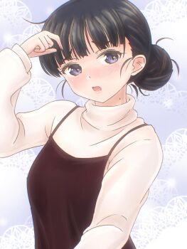 1girl :o basori_tiara black_camisole black_hair blue_eyes blush camisole commentary_request highres long_sleeves make_heroine_ga_oo_sugiru! mole mole_on_neck oekaki_lemon shirt short_hair upper_body white_shirt