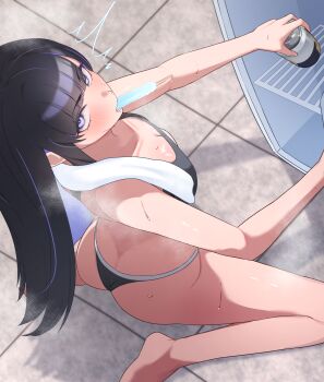 Rule 34 | 1girl, absurdres, ass, black hair, blush, breasts, butt crack, can, colored inner hair, commentary request, eunhwa (nikke), food, food in mouth, from above, goddess of victory: nikke, highres, holding, holding can, kneeling, long hair, looking at viewer, medium breasts, multicolored hair, popsicle, popsicle in mouth, purple eyes, purple hair, refrigerator, solo, suga kiiha, towel, towel around neck, two-tone hair, underwear, underwear only, very long hair