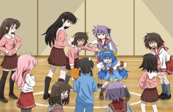 Rule 34 | 6+girls, azumanga daiou, ball, basketball, basketball (object), basketball court, cosplay, crossover, hands on own hips, highres, hiiragi kagami, hiiragi tsukasa, holding, holding ball, indoors, izumi konata, kagura (azumanga daioh), kasuga ayumu, kurosawa minamo, kusakabe misao, lucky star, mizuhara koyomi, multiple girls, playing sports, sakaki (azumanga daioh), school gym, school uniform, suzumiya haruhi, suzumiya haruhi (cosplay), suzumiya haruhi no yuuutsu, takara miyuki, takino tomo, truffleduster