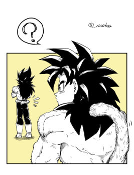 Rule 34 | 2boys, ?, body fur, boots, commentary request, dragon ball, dragon ball gt, greyscale with colored background, long hair, male focus, monkey tail, multiple boys, pants, senka-san, son goku, spoken question mark, super saiyan, super saiyan 4, tail, tail around own waist, vegeta, yellow background