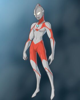 1boy alien blue_background clenched_hand collarbone color_timer colored_skin commentary compound_eyes dorsal_fin full_body giant giant_male glowing glowing_eyes highres looking_down male_focus multicolored_skin no_pupils open_hand pectorals red_skin silver_skin solo standing tokusatsu toned toned_male two-tone_skin ultra_series ultraman ultraman_(1st_series) user_cftx2524 white_eyes