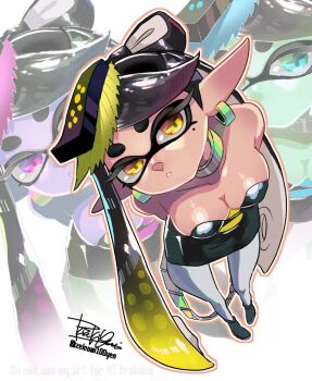 +_+ 1girl arms_behind_back artist_name bare_shoulders belt black_dress black_hair blonde_hair bow-shaped_hair breasts callie_(splatoon) cleavage collar collarbone detached_collar dress earrings food food_on_head from_above full_body gradient_hair green_pantyhose grey_pantyhose hoop_earrings isamu-ki_(yuuki) jewelry leaning_forward long_hair looking_at_viewer medium_breasts mole mole_under_eye multicolored_hair neck_ring nintendo object_on_head outline pantyhose pixiv_id pointy_ears purple_pantyhose shiny_skin short_jumpsuit solo splatoon_(series) standing strapless strapless_dress suction_cups sushi swept_bangs symbol-shaped_pupils tentacle_hair tentacles thick_eyebrows twitter_username two-tone_hair very_long_hair white_outline yellow_eyes zoom_layer