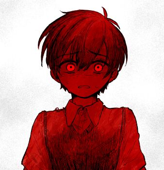 Rule 34 | 1boy, antenna hair, collared shirt, commentary request, highres, looking at viewer, male focus, monochrome, nervous sweating, omori, parted lips, rami 1300, shirt, short hair, short sleeves, simple background, solo, sunny (omori), sweat, sweater vest, teeth, upper teeth only, white background